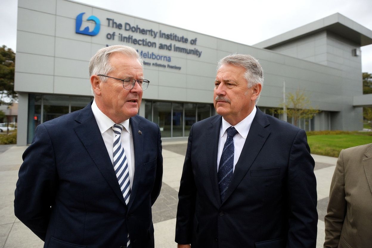 Australian Prime Minister Scott Morrison (2/L) and Victorian Deputy Premier James Merlino (L) tour The Peter Doherty Institute for Infection and Immunity in Melbourne on December 14, 2021 before announcing plans to build a Moderna mRNA vaccine-manufacturing facility in Melbourne. (Photo by Andrew HENSHAW / POOL / )