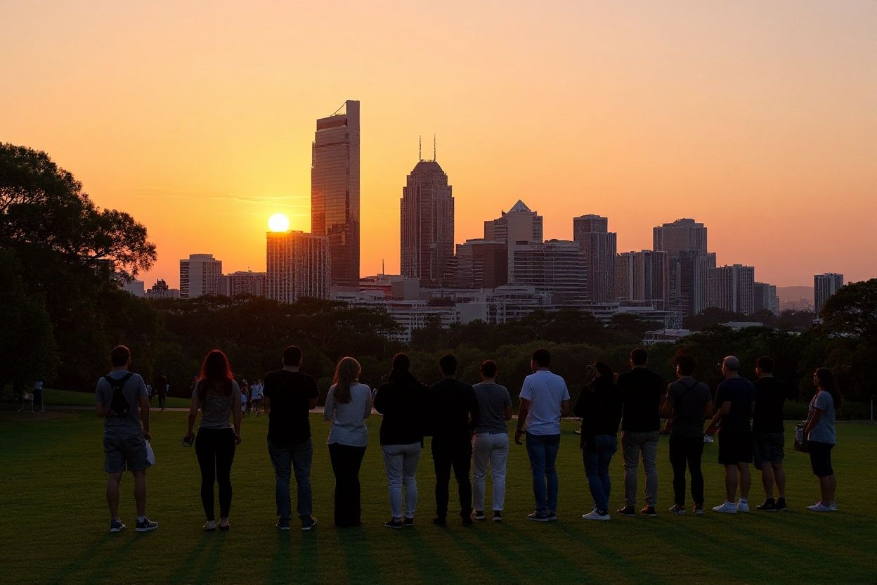 This picture taken on November 26, 2024, shows locals and tourists gathered at Kings Park in Perth, Western Australia, to watch the sunset and enjoy the citys skyline view. (Photo by SAEED KHAN / )