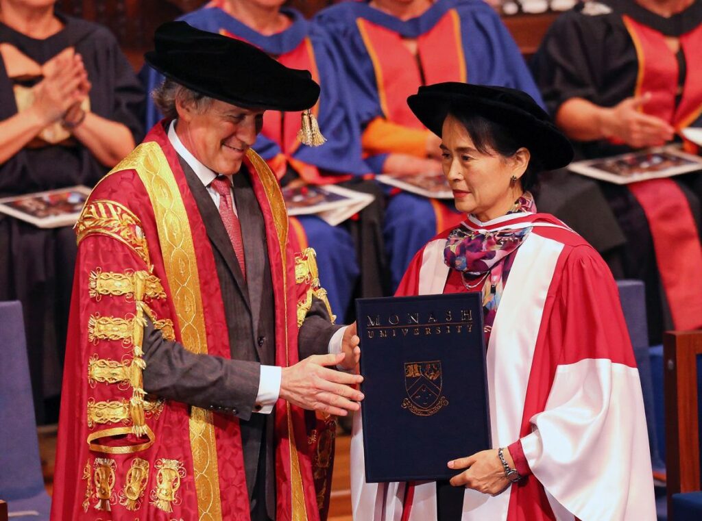 Monash University in Australia is among the most research intensive universities in the world and a member of the Group of Eight (Go8) universities. Here, the State Counsellor of Myanmar from 2016 to 2021, Aung San Suu Kyi. was presented with an honorary doctorate award from Monash University back in 2013.   PHOTO / POOL (Photo by SCOTT BARBOUR / POOL / )
