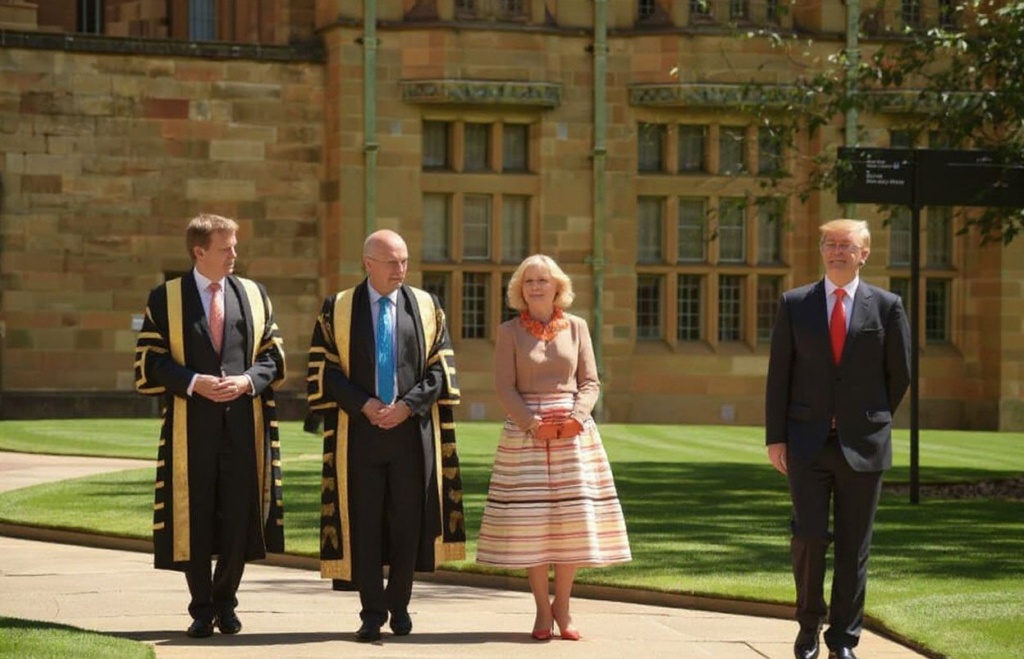 King Willem-Alexander of the Netherlands (2nd R) and Queen Maxima (2nd L) walk through the grounds of the University of Sydney with Chancellor Belinda Hutchinson (R) and Vice Chancellor Dr Michael Spence in Sydney on November 3, 2016. (Photo by PETER PARKS / POOL / )