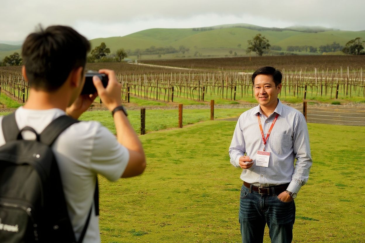 An employee of Pernod Ricard China, distributors of Jacob’s Creek Wines in China, poses as a friend takes a photograph on July 20, 2010 during a wine appreciation tour to the Jacob’s Creek Winery in South Australia’s Barossa Valley, one of Australia’s premier wine making regions and a top tourist destination for international visitors.  Photo / Greg WOOD (Photo by GREG WOOD / )