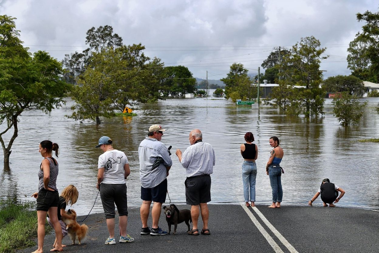 Residents in Lawrence look out to a flooded street. Source: Saeed Khan/