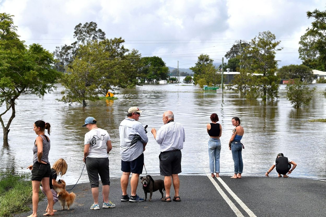 Families look out at a flooded street in Lawrence. Source: Saeed Khan/