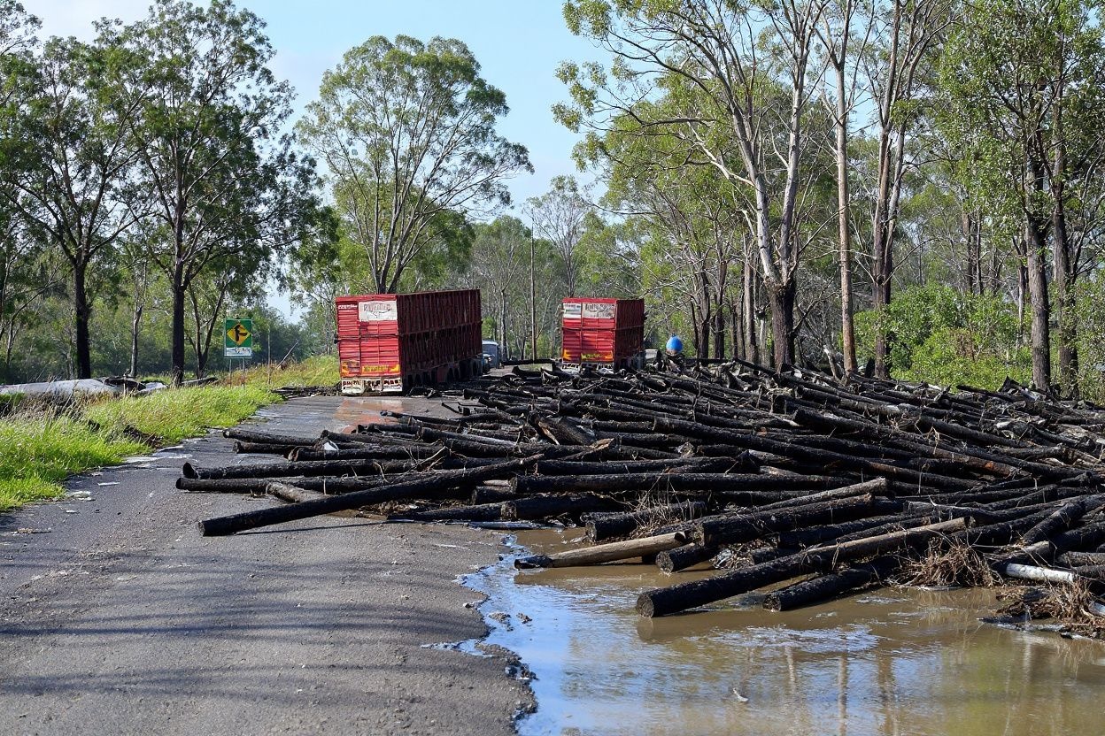 Trucks are left stranded as road closures affect travel. Source: Saeed Khan/