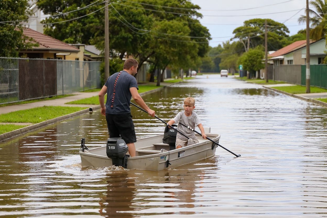A family steers their boat through a flooded street in Lawrence, around 70km from the town of Lismore. Source: Saeed Khan /
