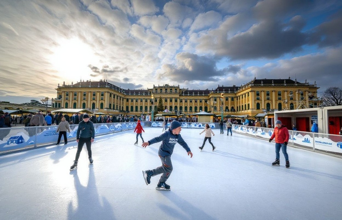 Children enjoy skating at the ice rink built at the Christmas market outside of the Schoenbrunn imperial palace just few days before Christmas in Vienna, Austria on December 20, 2024. – Schoenbrunn Palace was the main summer residence of the Habsburg rulers. (Photo by JOE KLAMAR / )