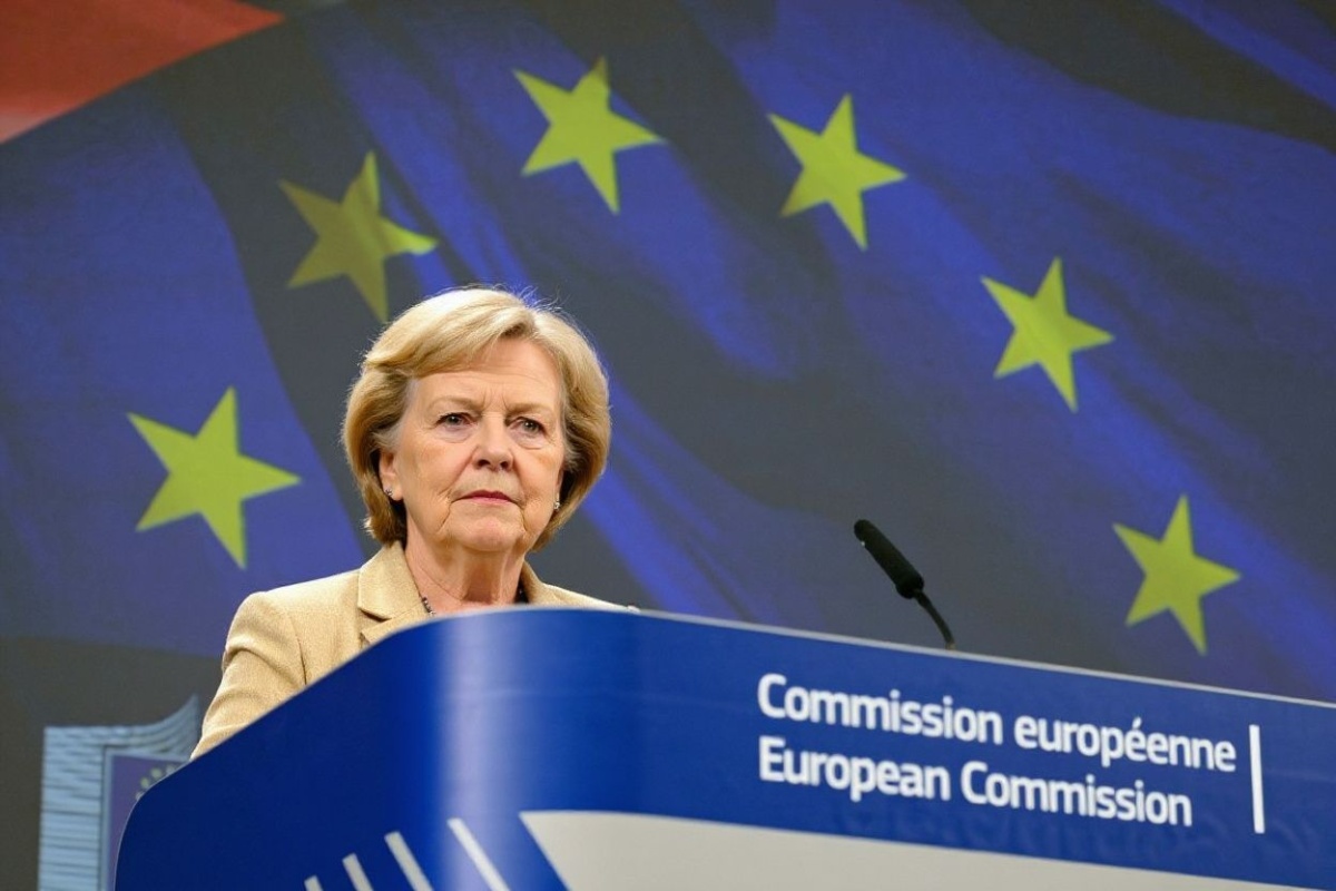 European Commission President Ursula Von der Leyen looks on during a press conference with the German chancellor at the EU headquarters in Brussels on May 9, 2025. (Photo by Nicolas TUCAT / )