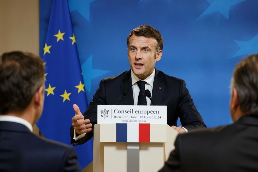 France’s President Emmanuel Macron addresses the audience during a press conference as part of a European Council meeting at the European headquarters in Brussels, on February 1, 2024. EU leaders are to gather in Brussels on February 1, 2024, for a meeting of the European Council, where they will discuss aid to Ukraine as the war nears its second anniversary. (Photo by Ludovic MARIN / )