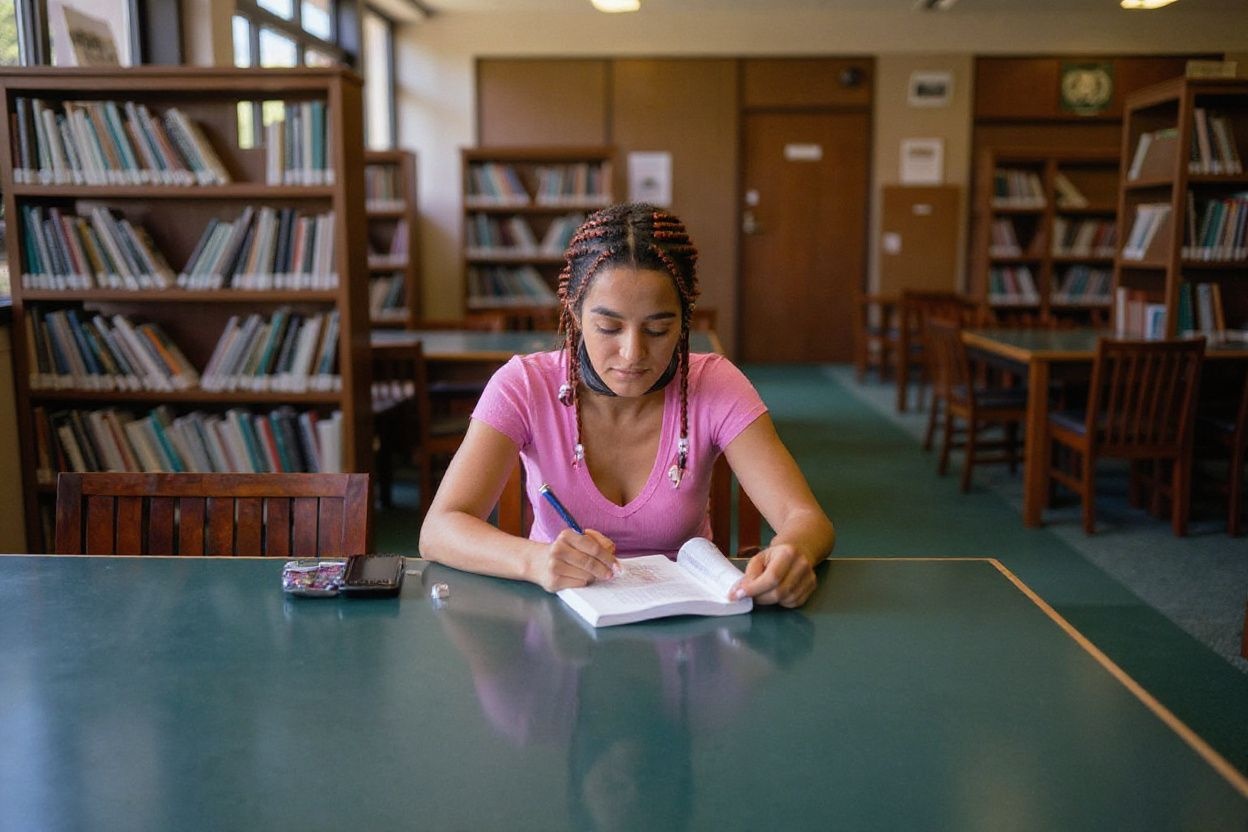 A student revising for her exams in a quiet library.