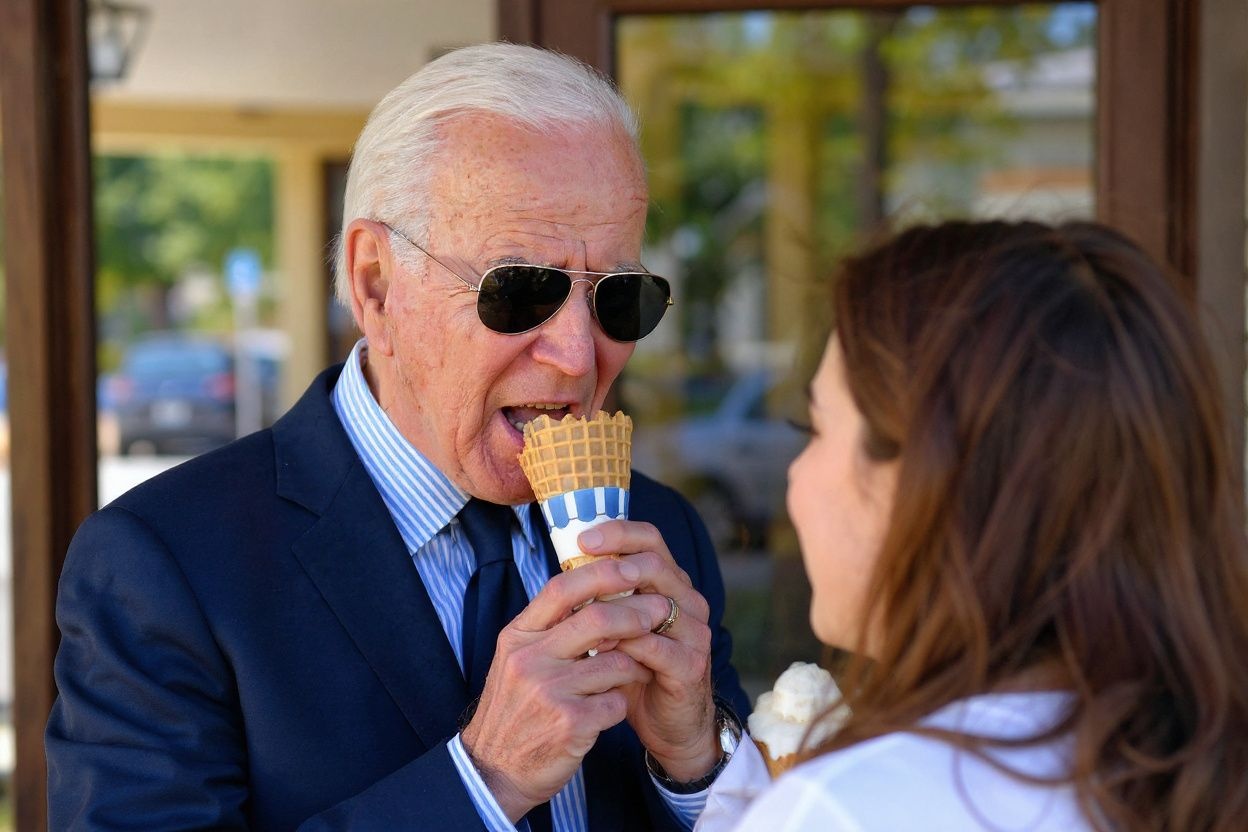 US President Joe Biden eats an ice cream at Honey Hut Ice Cream in Cleveland, Ohio, on May 27, 2021. (Photo by Nicholas Kamm / )