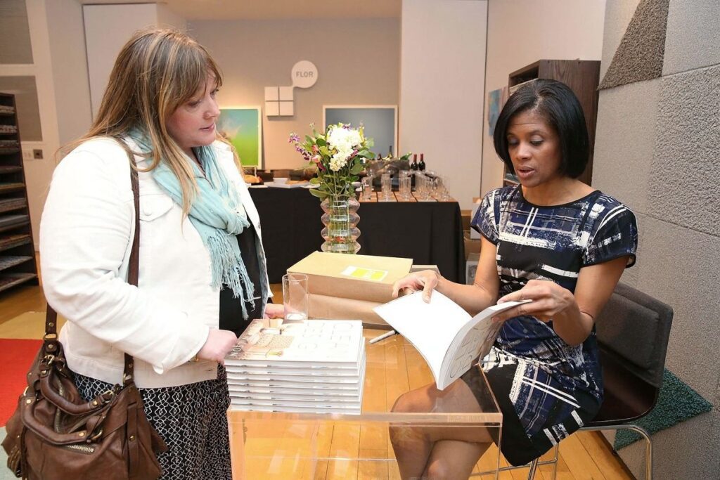 NEW YORK, NY – APRIL 21: Interior designer Robin Wilson (R) attends the book signing of Clean Design at FLOR Design Store on April 21, 2015 in New York City.   Mireya Acierto/Getty Images for Robin Wilson Home/