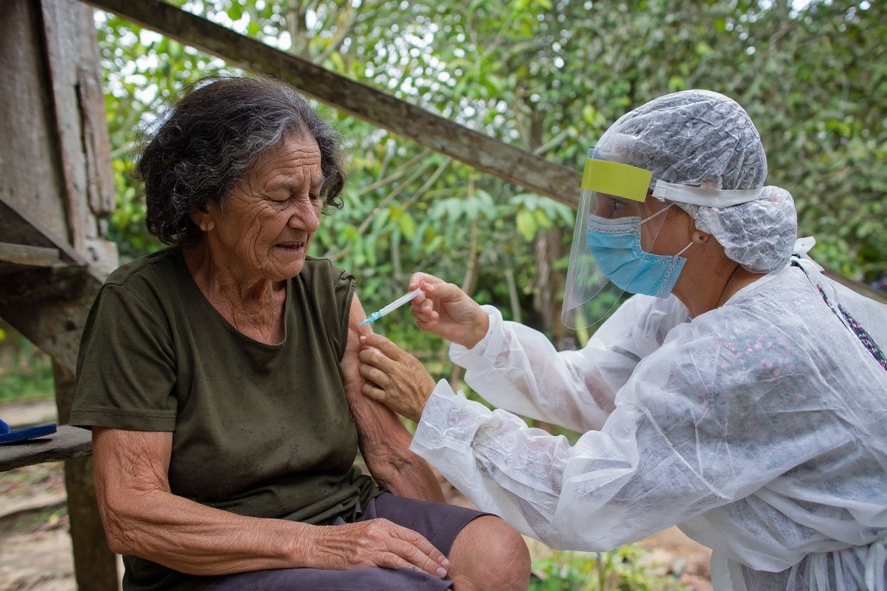 Maria Ferreira, 74, is vaccinated by a health worker. Source: Michael Dantas /