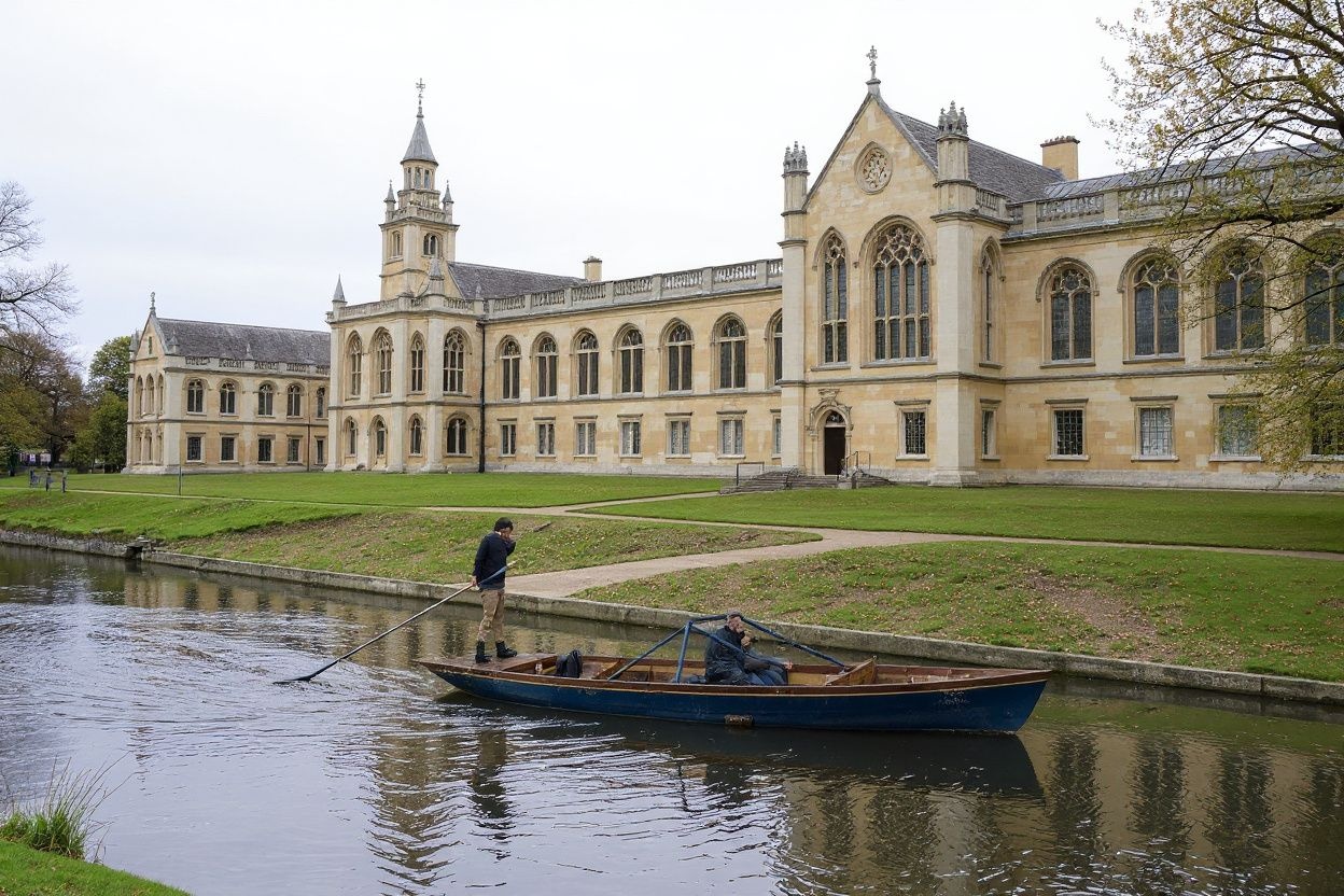 A boat punts past Wren library at Trinity College, part of the University of Cambridge. Source: