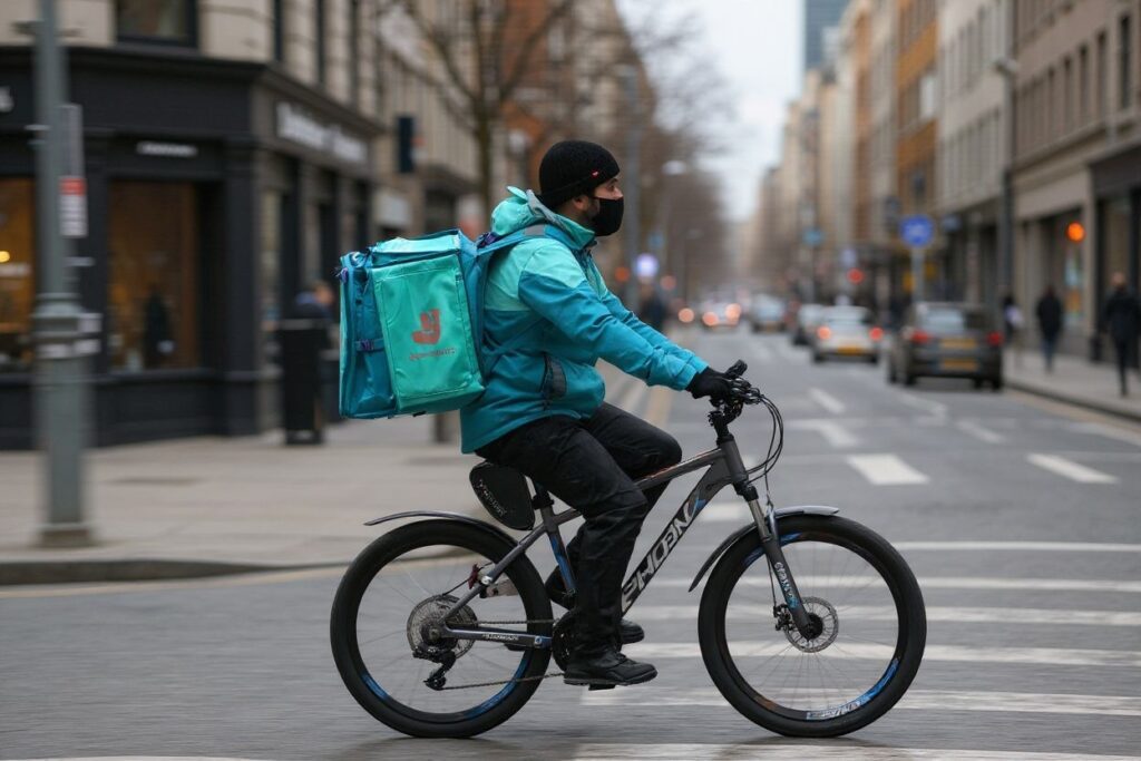 A Deliveroo rider cycles through central London on March 26, 2021. – The meal delivery platform Deliveroo is bracing for strikes and other social actions by disgruntled riders as it gears up for a major London stock listing.  The group has come under fire for employment conditions that have already scared off a couple of large institutional investors (Photo by Daniel LEAL / )
