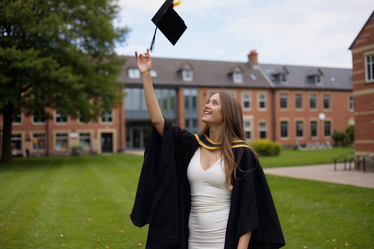 A graduate throws her mortarboard hat into the air on campus at the University of Bolton after receiving her degree certificates in a Covid-safe, in-person graduation ceremony one of a handful taking place this year due to the coronavirus lockdown restrictions in Bolton, northwest England on July 9, 2021. Over 7,000 students will take part in the graduation ceremony over the course of a week. (Photo by OLI SCARFF / )