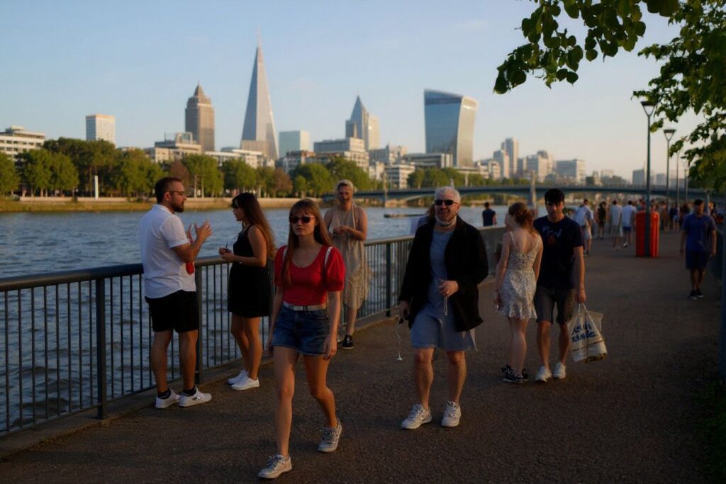 In London, people enjoy the evening sunshine by the river Thames.