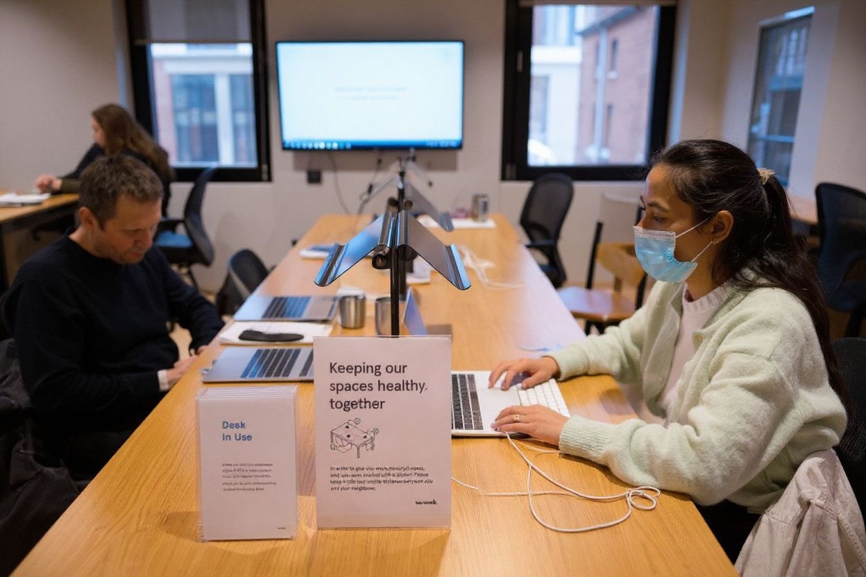 People work at shared workspaces at the WeWork, coworking and office space in the City of London, on April 13, 2021, as the company enhances health and safety standards in response to COVID-19. – Britain said late Monday it had hit a target to offer a coronavirus vaccine first dose to all over-50s by mid-April, as England’s lockdown-weary population toasted a significant easing of restrictions with early morning pints and much-needed haircuts. (Photo by Tolga Akmen / )