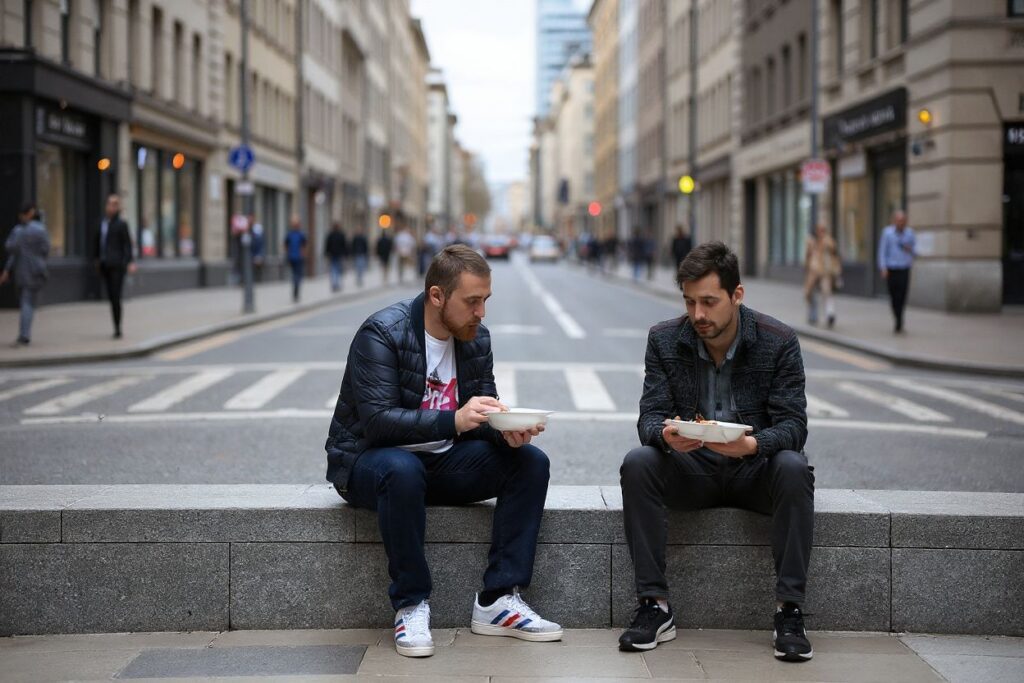 People sit and eat their lunch in the City of London on April 29, 2021. – Britain has been the European country worst-hit by the virus, recording more than 127,000 deaths, although it rolled out a succesful mass-vaccination campaign in early December, using AstraZeneca, Pfizer/BioNTech and Moderna vaccines. (Photo by Daniel LEAL / )
