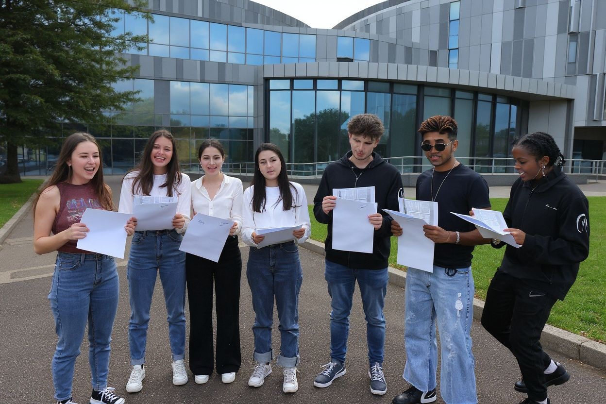 A posed group of students at the London Academy of Excellence Tottenham (LAET) react to receiving their A-Level results in north London on August 10, 2021. (Photo by JUSTIN TALLIS / )
