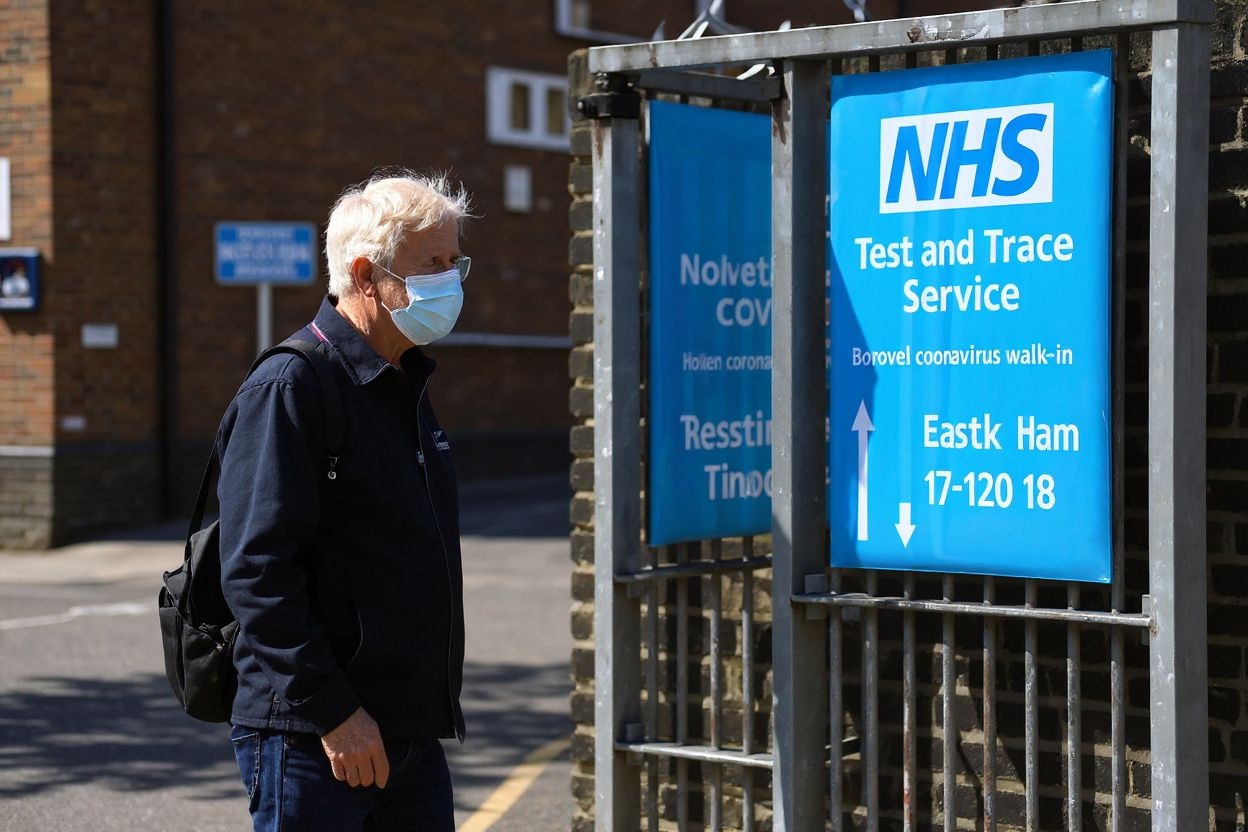 A worker wearing a face mask or covering due to the COVID-19 pandemic, stands near a sign for Britain’s NHS (National Health Service) Test and Trace service, as he works at the entrance to a novel coronavirus walk-in testing centre in East Ham in east London, on September 17, 2020. – British Prime Minister Boris Johnson said Thursday he could close pubs earlier to “stop the second hump” of coronavirus cases, comparing the country’s trajectory of resurgent transmission to a camel’s profile. But the prime minister has faced stinging criticism this week over the failure to achieve the “world-beating” testing and tracing system he promised by the summer. (Photo by DANIEL LEAL-OLIVAS / )