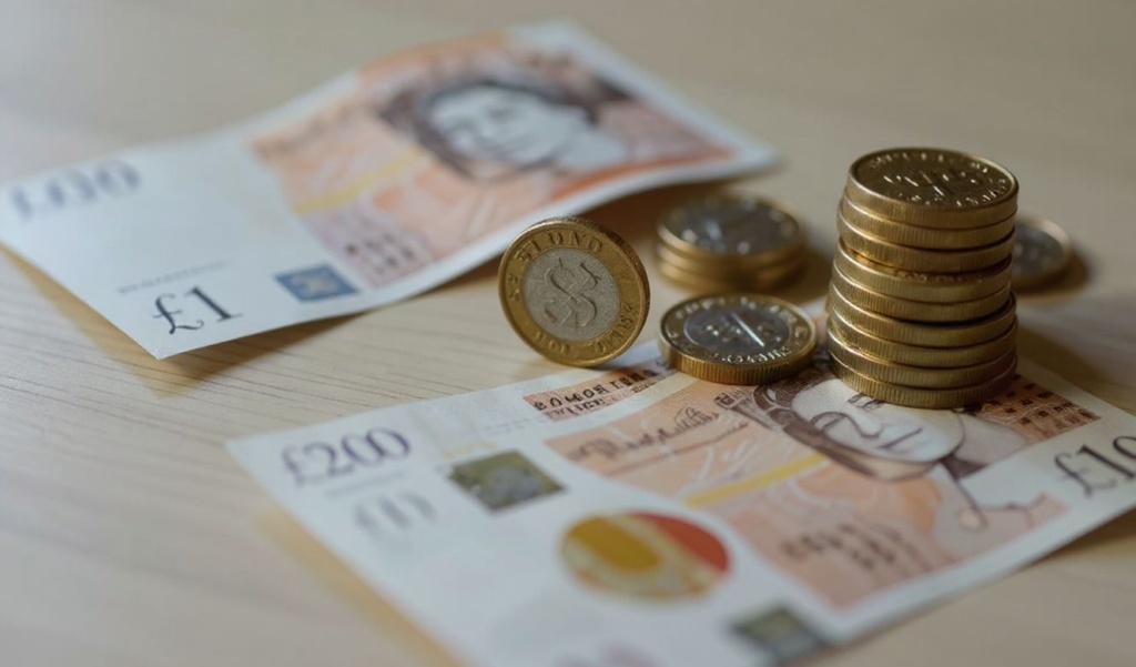 A photograph taken on April 22, 2022 shows sterling pounds coins and bankotes displayed on a table, in London. The pound slumped more than one percent against the dollar on April 22, 2022 after official data showed tumbling retail sales as Britons grapple with a cost-of-living crisis. In London morning deals, sterling sank to .2887 — its lowest level since October 2020, also as Britain’s Prime Minister comes under renewed political pressure. (Photo by Tolga Akmen / )