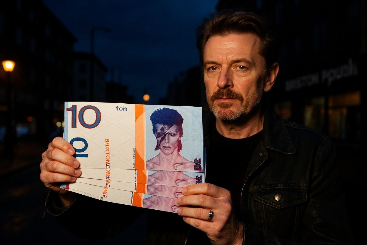 Brixton pound notes, a local currency introduced for use only in the south London borough of Brixton, are displayed for a photograph in Brixton on January 11, 2016, following the announcement of Bowie’s death. British music icon David Bowie died of cancer at the age of 69, drawing an outpouring of tributes for the innovative star famed for groundbreaking hits like “Ziggy Stardust” and his theatrical shape-shifting style. The Brixton pound is one local currency that has been introduced in a small number of towns and cities across the UK. The currency can be exchanged for British pounds sterling, but can only used in shops participating in the scheme within the distributing town.     PHOTO / CHRIS RATCLIFFE (Photo by CHRIS RATCLIFFE / )
