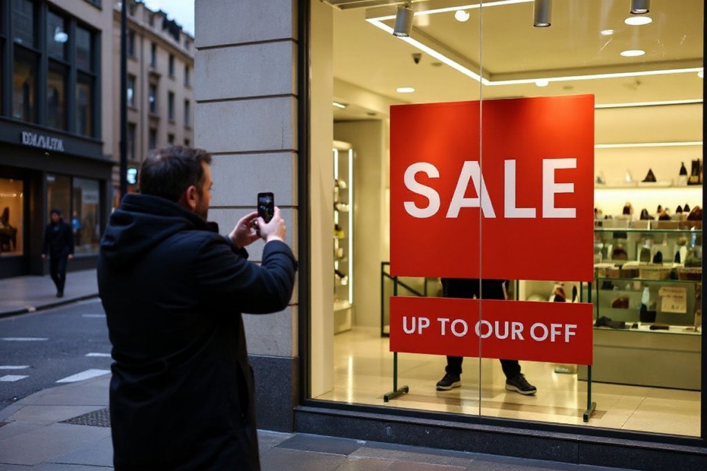 A shopper takes a picture with a mobile phone in front of a window shop displaying a banner reading “Sale” in central London, on December 27, 2023. Boxing Day footfall from shoppers was up 4% across all UK retail, high streets enjoyed a nearly 10% increase in shoppers on last Boxing Day, while central London saw footfall up 10.6% compared with last year. (Photo by HENRY NICHOLLS / )