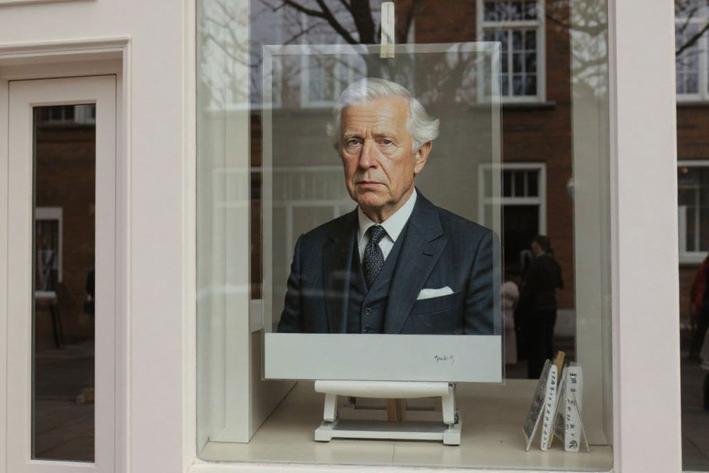 A portrait of Britain’s King Charles III is displayed in the front window of an art gallery, in Windsor, on May 2, 2023, ahead of the coronation ceremony of Charles III and his wife, Camilla, as King and Queen of the United Kingdom and Commonwealth Realm nations, on May 6, 2023. (Photo by Adrian DENNIS / )