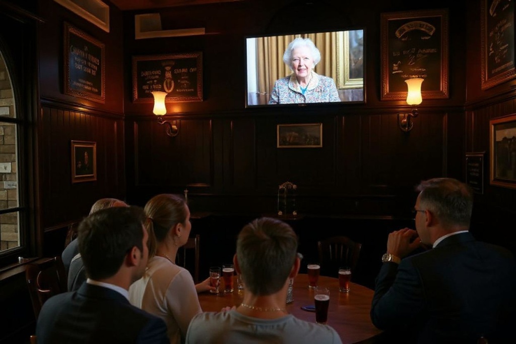 Drinkers in Deacon Brodies Tavern in Edinburgh watch a televised address from Britain’s King Charles III, made from the Blue Drawing Room at Buckingham Palace in London on September 9, 2022, a day after Queen Elizabeth II died at the age of 96. – Queen Elizabeth II, the longest-serving monarch in British history and an icon instantly recognisable to billions of people around the world, died at her Scottish Highland retreat on September 8. (Photo by Paul ELLIS / )