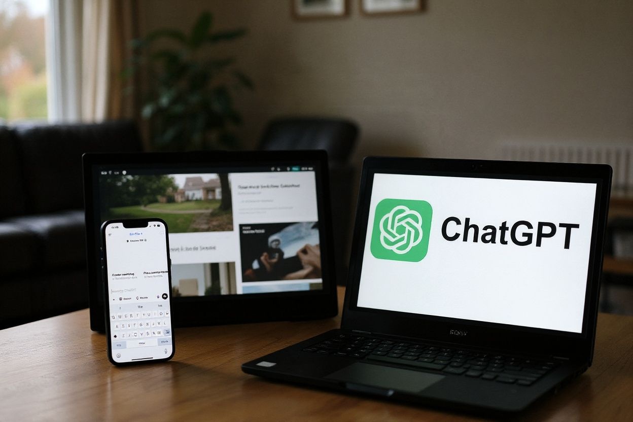 An illustration photograph taken on February 20, 2025 shows ChatGPT app and website are displayed on a phone and laptop screens, in a residential property in Guildford, south of London.  (Photo by Justin TALLIS / )