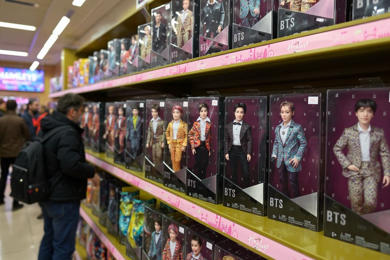 A picture shows merchandise of the South Korean boy band BTS on the shelves at Hamleys toy store during a photo call in London on October 14, 2021. – Caught between post-Brexit labour shortages, rising raw material costs and transport costs, the British toy retail industry is facing down a crisis (Photo by JUSTIN TALLIS / )