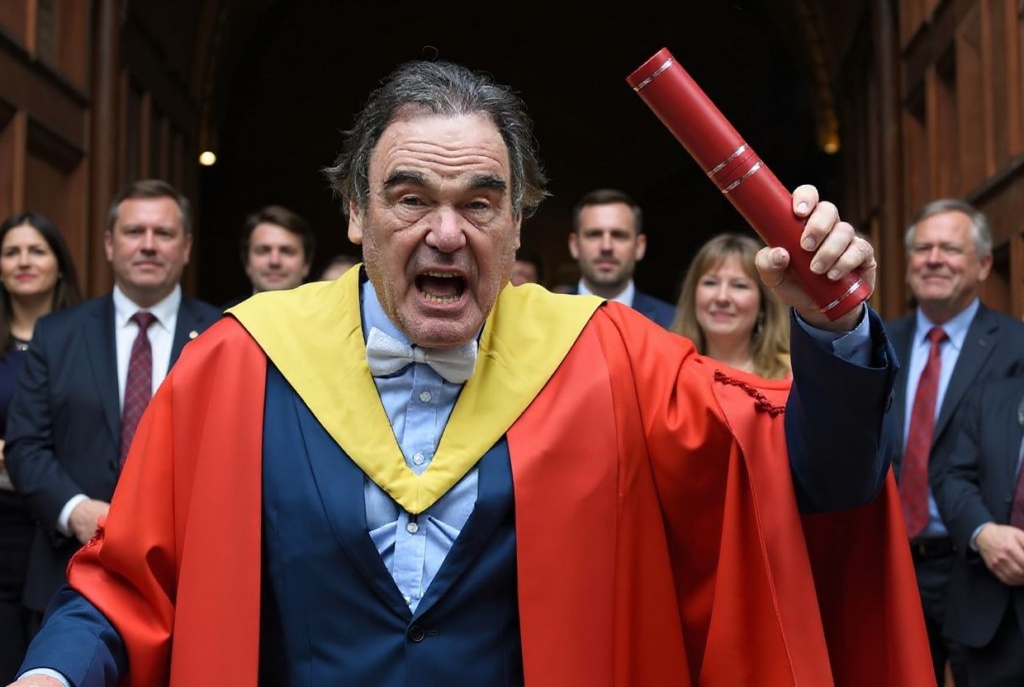 US film director Oliver Stone reacts after receiving an Honorary degree from the University of Edinburgh at a graduation ceremony in the city’s McEwan Hall on July 4, 2017. (Photo by Lesley Martin / )