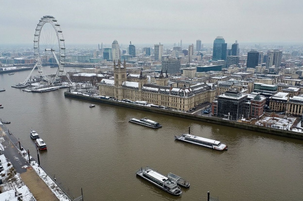 An aerial view shows snow-covered offices and buildings, including landmark the London Eye (L) and the Palace of Westminster (C), from above the River Thames in London on December 12, 2022. (Photo by Daniel LEAL / )