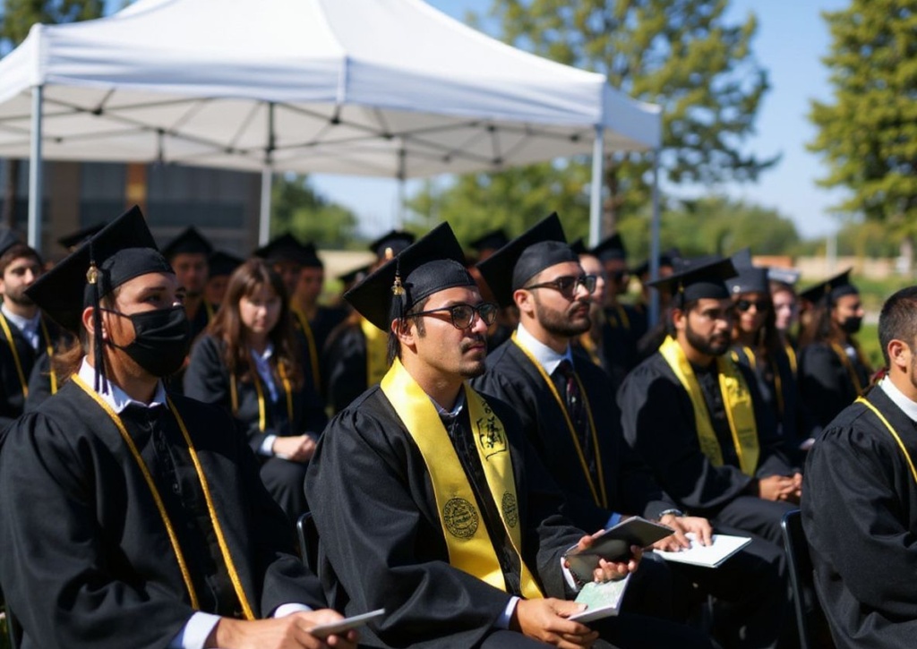 LOS ANGELES, CALIFORNIA – JULY 27: Cal State Los Angeles graduates sit at their commencement ceremony which was held outdoors beneath a tent on campus on July 27, 2021 in Los Angeles, California. Commencement ceremonies for graduates from the classes of 2021 and 2020 are being held outdoors over seven days following delays due to the COVID-19 pandemic.   Mario Tama/Getty Images/ (Photo by MARIO TAMA / GETTY IMAGES NORTH AMERICA / Getty Images via )