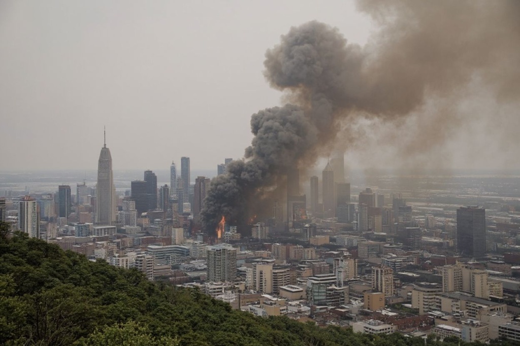 Smoke fills the air as the city of Montreal is seen from the chalet on top of the Mont Royal in Montreal, Quebec, Canada, on June 5, 2023. The forest fires burning in the North of Quebec are causing smoke in the lower regions of Quebec and Ontario. Canada is facing a dire wildfire situation through the coming months, officials warned on Monday after vast swaths of forests and grasslands from its Pacific to Atlantic coasts have been scorched. (Photo by ANDREJ IVANOV / )