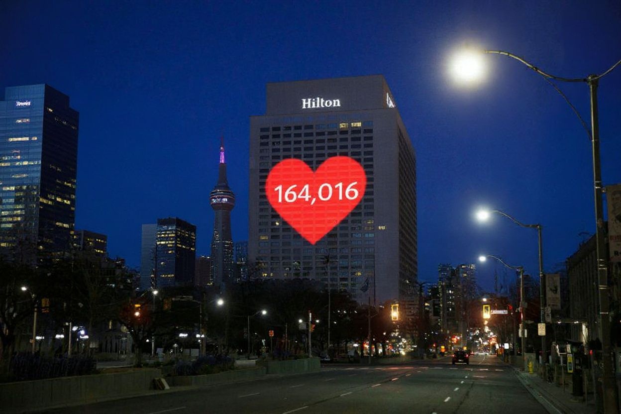A heart is lit up in a Hilton Hotel in downtown Toronto in support of healthcare workers, as seen near hospital row on University St. on April 19, 2020, amid the novel coronavirus pandemic. – The worldwide death toll from the novel coronavirus pandemic rose to 164,016 on April 19, according to a tally from official sources compiled by  at 1900 GMT. (Photo by Cole BURSTON / )