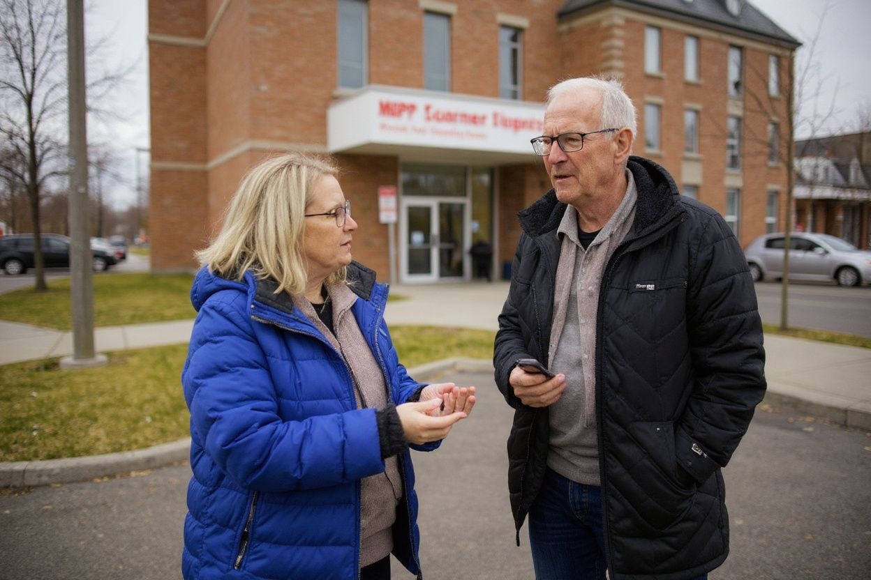 Kelly Brown, a social worker with the Mental Health Outreach Program (MHOP), an outreach program to build relationships and provide care for the homeless, talks with a client outside the hospital in Oshawa, Ontario, Canada, April 5, 2024. (Photo by Cole BURSTON / )
