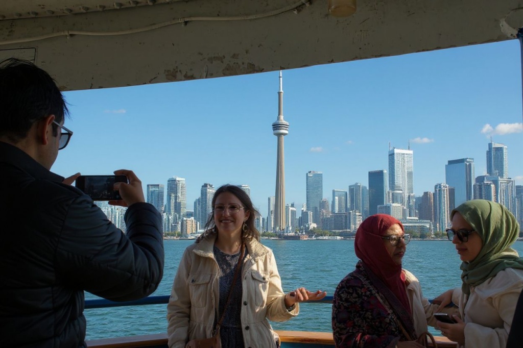 People take pictures with the view of the CN (Canadian National) Tower and the Toronto skyline from the ferry on Lake Ontario, September 14, 2023. (Photo by VALERIE MACON / )