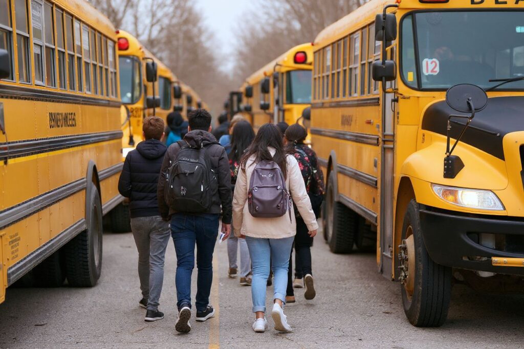 High school students leave Beal Secondary School in London, Ontario on March 13, 2020 on their last day of classes before a 3 week break imposed by the Ontario government to slow the spread of the novel coronavirus, COVID-19. (Photo by Geoff Robins / )