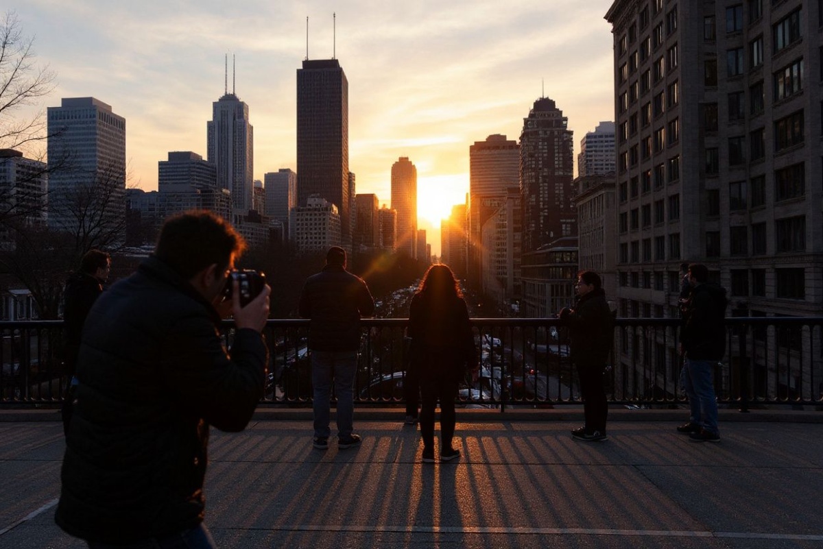 Photographers, tourists and residents gather downtown to view Chicagohenge on March 22, 2025 in Chicago, Illinois. During Chicagohenge, which occurs at the beginning of spring and again at the beginning of fall, the sun rises and sets in direct alignment with Chicago’s east/west streets making for a picture-perfect moment between the city’s downtown buildings. Scott Olson/Getty Images/ (Photo by SCOTT OLSON / GETTY IMAGES NORTH AMERICA / Getty Images via )