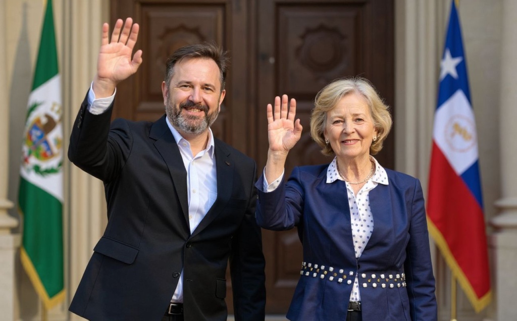 Chile’s President Gabriel Boric (L) and European Commission President Ursula Von Der Leyen wave for a picture upon her arrival for a meeting at La Moneda Presidential Palace in Santiago, on June 14, 2023. Von der Leyen is on a Latin American tour that includes Brazil, Argentina, Chile and Mexico, a week after the EU put forward a new plan to bolster ties with the region. (Photo by Martin BERNETTI / )