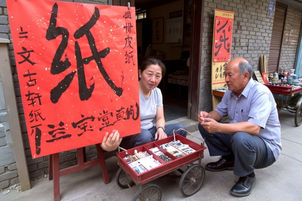An arts and crafts dealer explains the virtues of rice paper for writing caligraphy as another vendor sits next to his cart of Chinese trinkets and ‘antiques’, 20 June 2001 in Liulichang, Beijing’s antique street.  A favorite among foreign tourists despite the mostly outrageous prices, Liulichang’s shops are among the oldest in the city. However, in Beijing’s aggressive and blinding fast drive to modernize the city, the old Liulichang hutong will be razed over the summer.         PHOTO/Stephen SHAVER (Photo by STEPHEN SHAVER / )