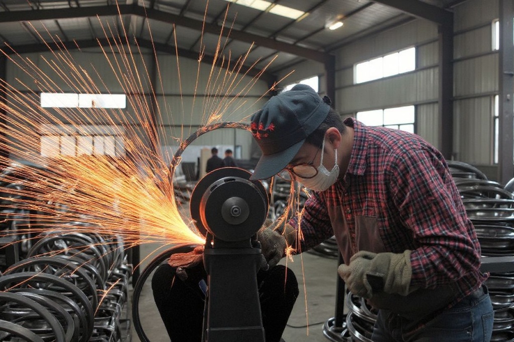 This photo taken on April 17, 2022 shows a worker welding wheels at a factory in Hangzhou in China’s eastern Zhejiang province. (Photo by ) / China OUT