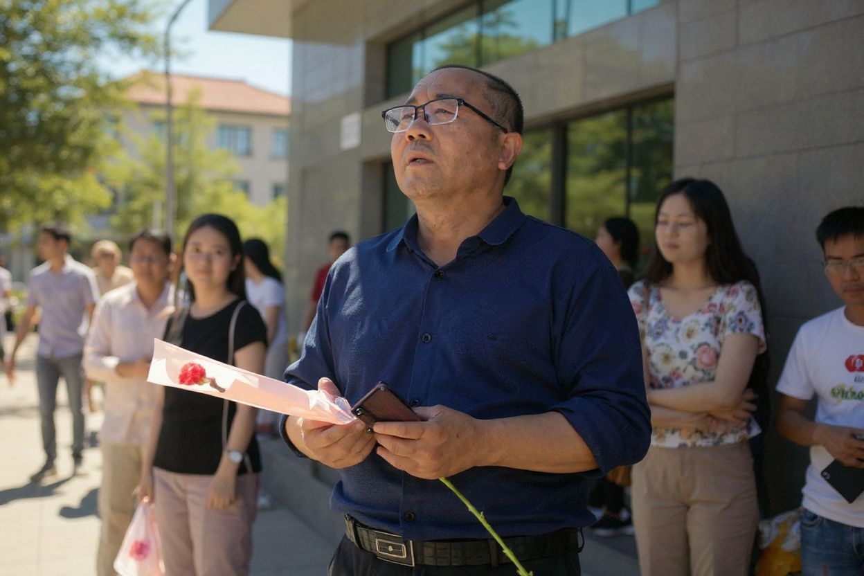 Family members hold flowers as they wait for students to finish their national college entrance examinations, known as the gaokao, outside a school in Beijing on June 10, 2023. (Photo by WANG Zhao / )