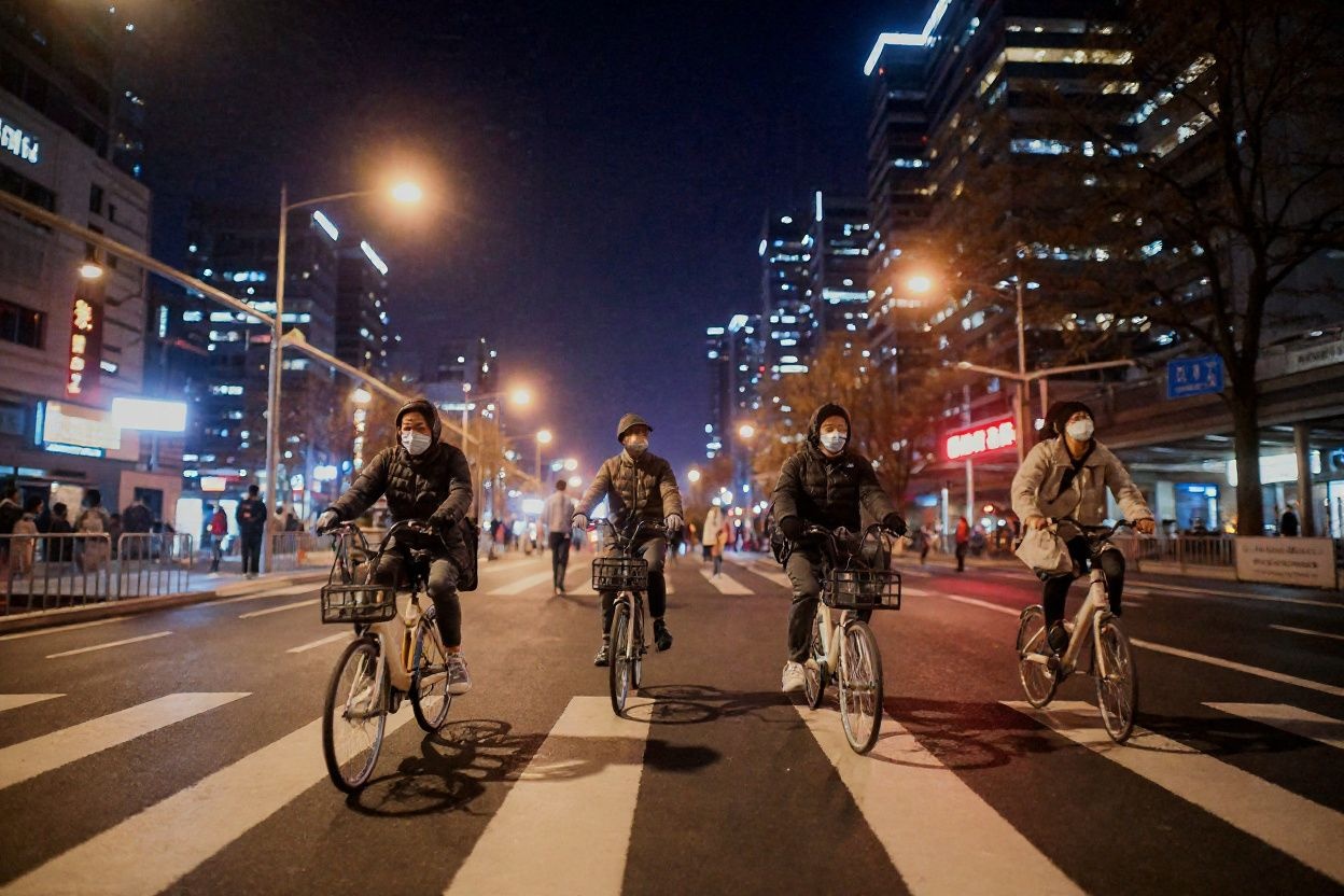 Commuters ride bicycles along a street in Beijing on November 29, 2021. (Photo by Noel Celis / )