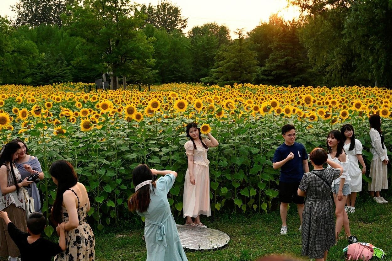 People pose for photos at a sunflower field in a park in Beijing on July 2, 2023. (Photo by Jade Gao / )