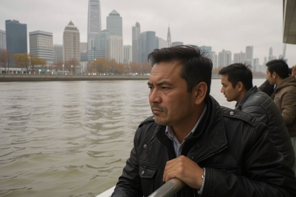 People are seen on a ferry across the Huangpu River in Shanghai on December 10, 2023. (Photo by Hector RETAMAL / )