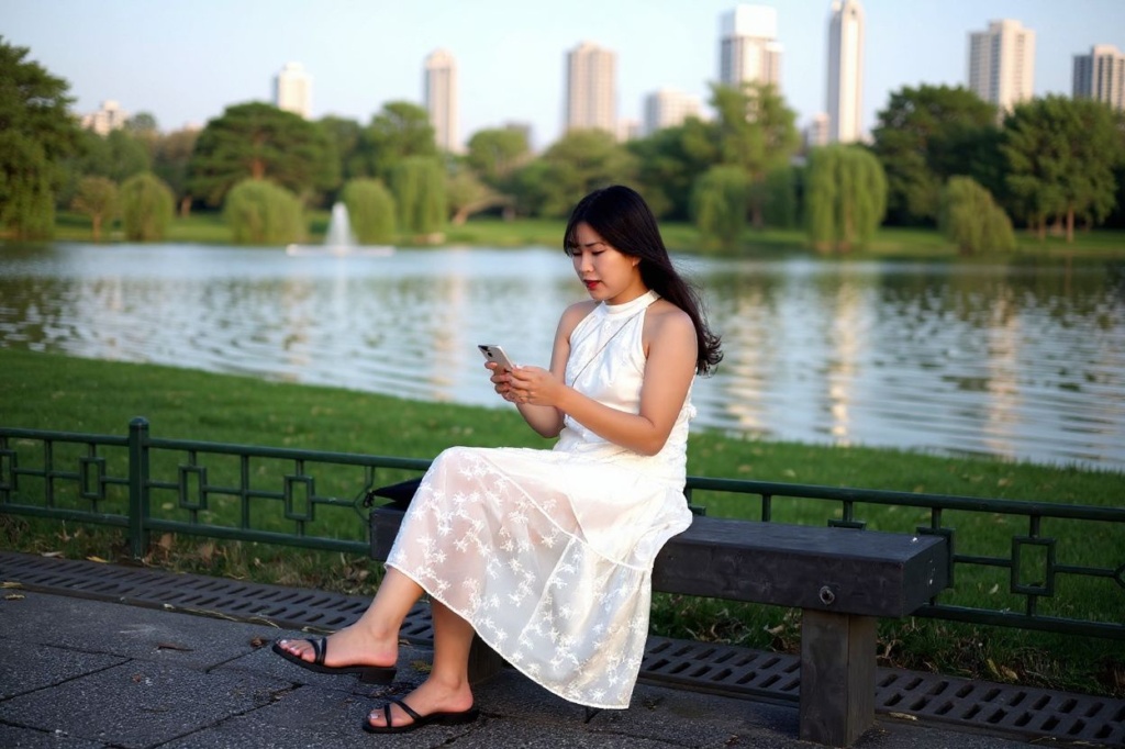 A woman uses her phone while sitting on a park bench at the Hangzhou West Lake Scenic in Hangzhou, China’s eastern Zhejiang province on September 18, 2023, ahead of the 19th Asian Games to be held in the city from September 23 till October 8. (Photo by Hector RETAMAL / )