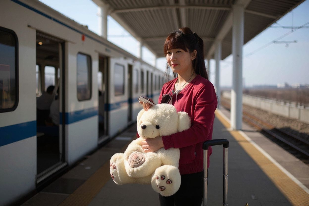 A woman holds a toy bear as she stands on a train platform in Xingtai, southern Hebei province, south of Beijing on March 10, 2013. China will split its scandal-plagued railways ministry in two and bring its administrative functions under the control of the transport ministry, state media said.  PHOTO / Ed Jones (Photo by Ed Jones / )