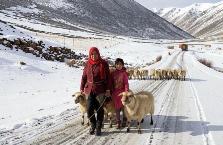A Tibatan woman with a young girl herd a flock of sheep in Kangding county, the capital of Ganzi Tibetan Autonomous Prefecture, in China’s southwestern Sichuan province on March 22, 2008.  A day after Beijing launched a manhunt for monks and others it blamed for unrest in Tibet, a defiant editorial in the People’s Daily, mouthpiece of the Chinese Communist party, said opposition to Chinese rule in the Himalayan region must be wiped out.  PHOTO/TEH ENG KOON (Photo by TEH ENG KOON / )
